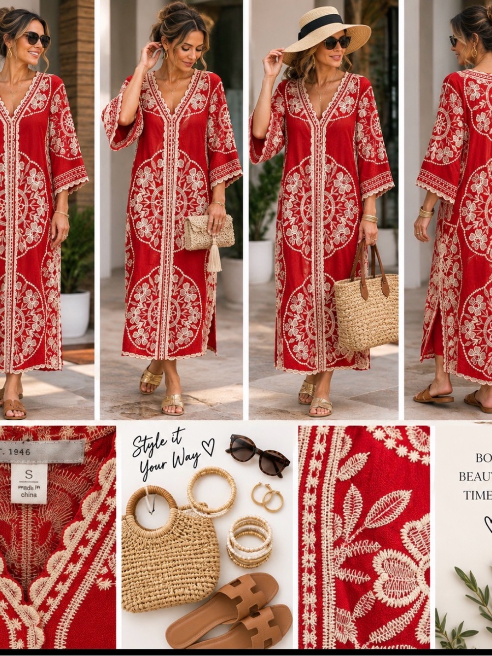 Boho Resort Vacation Festival Embroidered Red Maxi Dress with Ivory Lace Trim